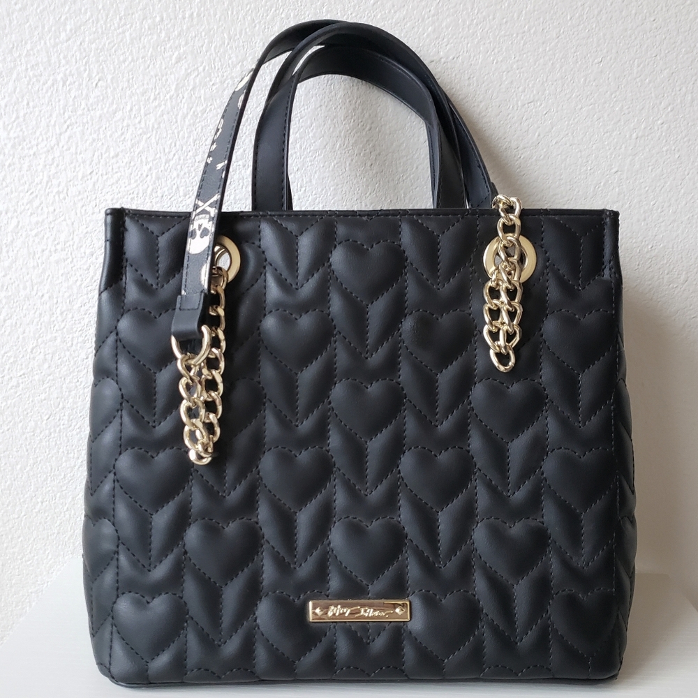 Betsey Johnson Shoulder Bag Black Quilted Hearts Roses Skulls Goth Grunge